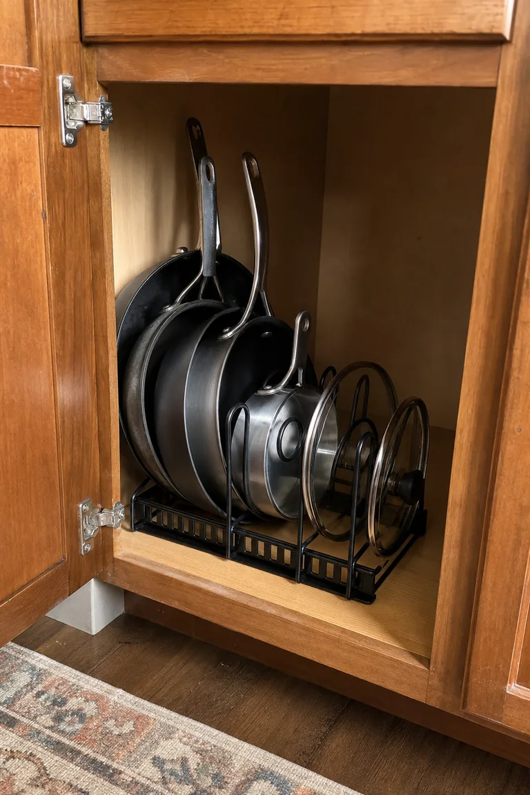Adjustable pot & pan organizer styled in an organized cozy home