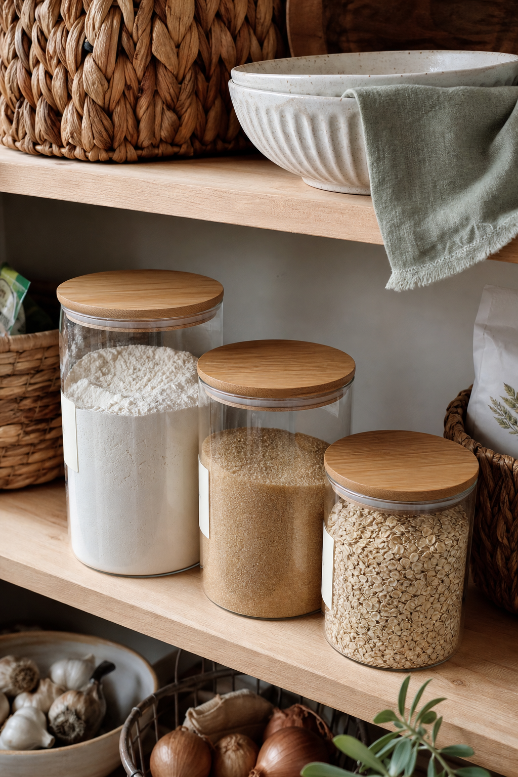 Glass + bamboo pantry jars styled in an organized cozy home