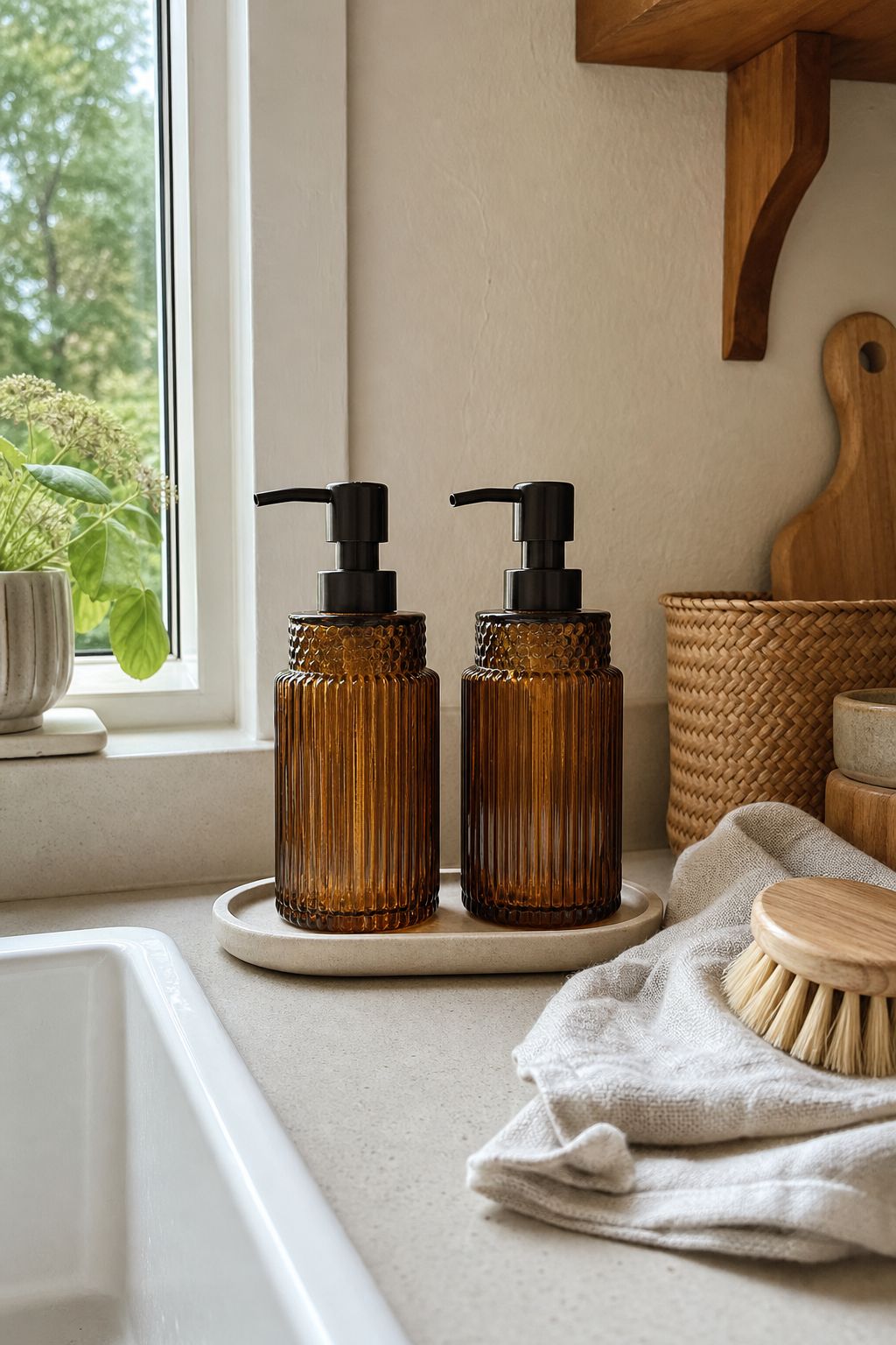 Ribbed glass soap dispenser set styled in an organized cozy home
